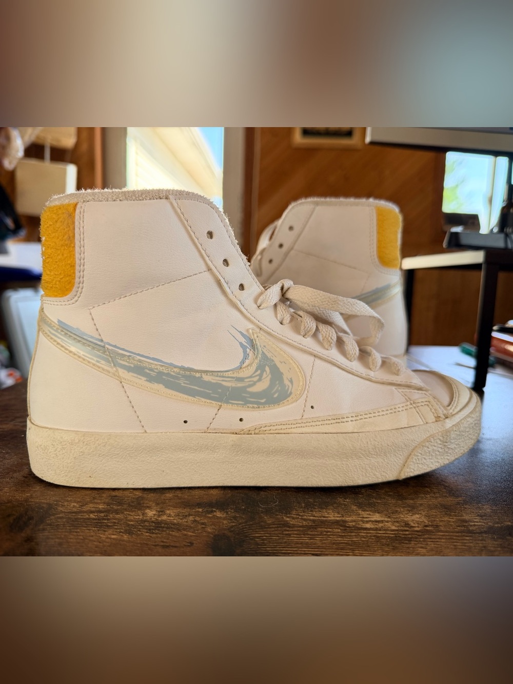 Nike White High-Top Sneakers with Light Blue and Cream Brushstroke Swoosh